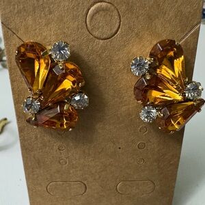 Vintage Amber rhinestones super sparkly Crystal Fan Earrings